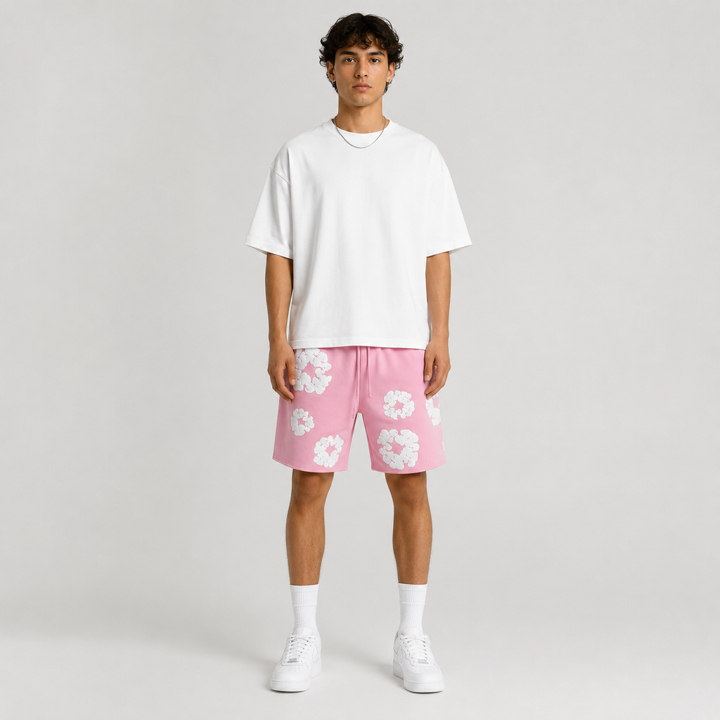 Pink White Puff Floral cotton shorts - front angle view
