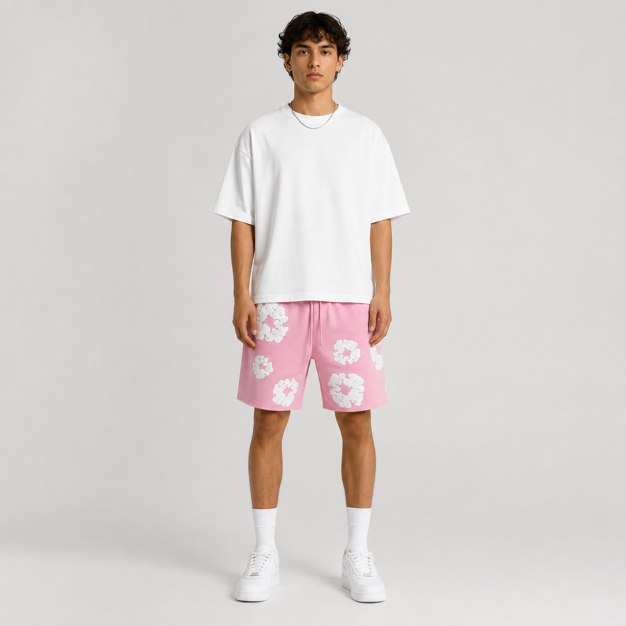 Pink White Puff Floral cotton shorts - front angle view