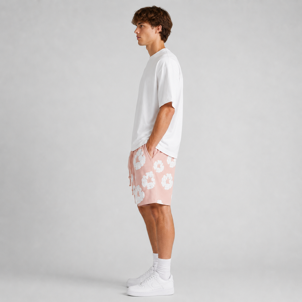 Peach Camo Black Floral cotton shorts - side view