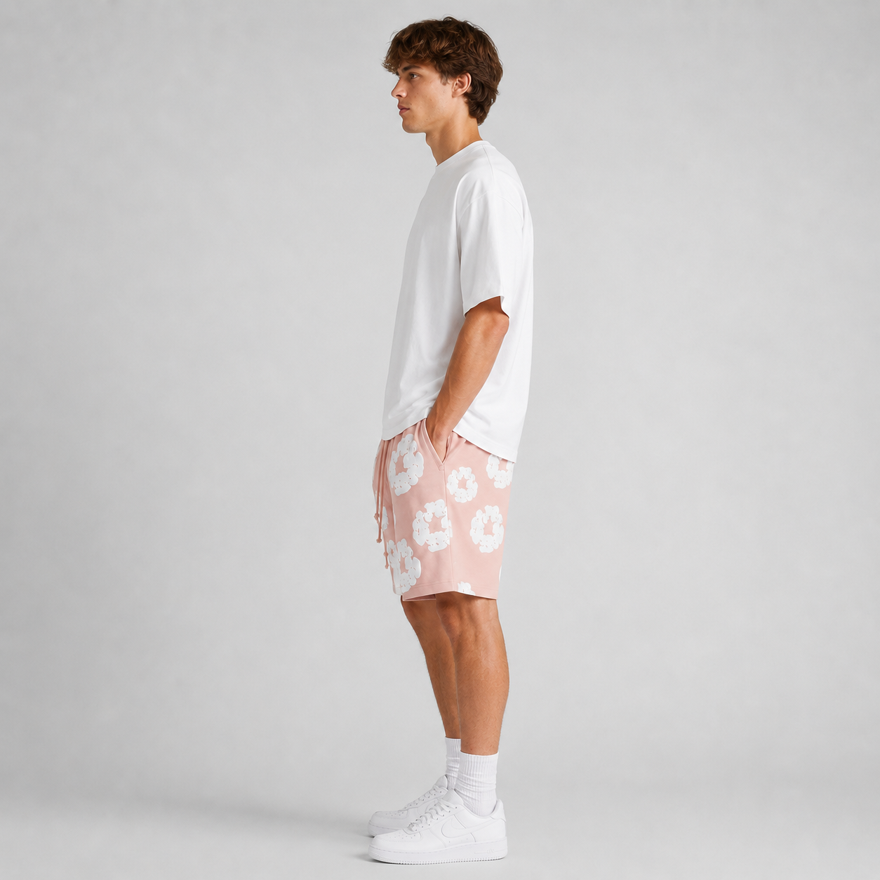 Peach Camo Black Floral cotton shorts - side view