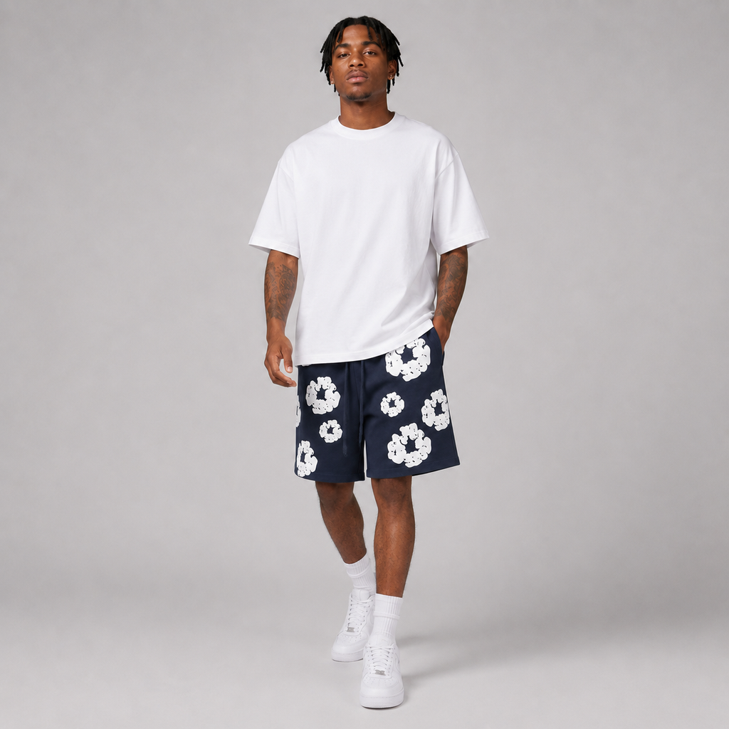 Navy White Puff Floral cotton shorts - detail view