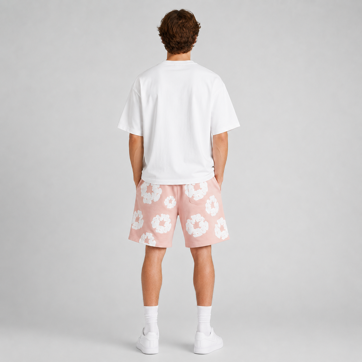 Peach Camo Black Floral cotton shorts - back angle view