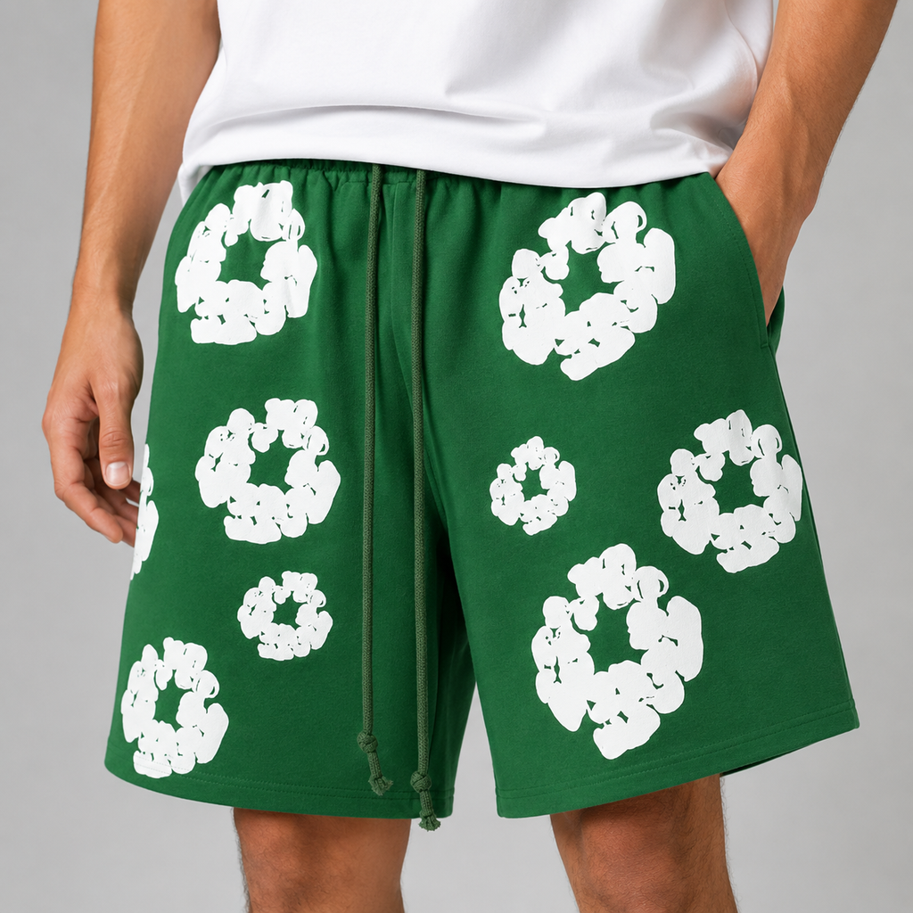 Forest Green White Floral cotton shorts - detail view