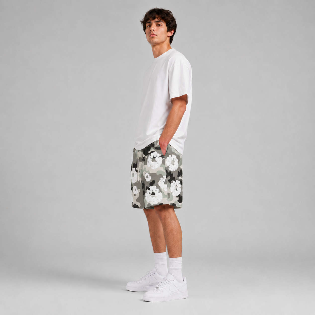 Grey Camo White Floral cotton shorts - back angle view