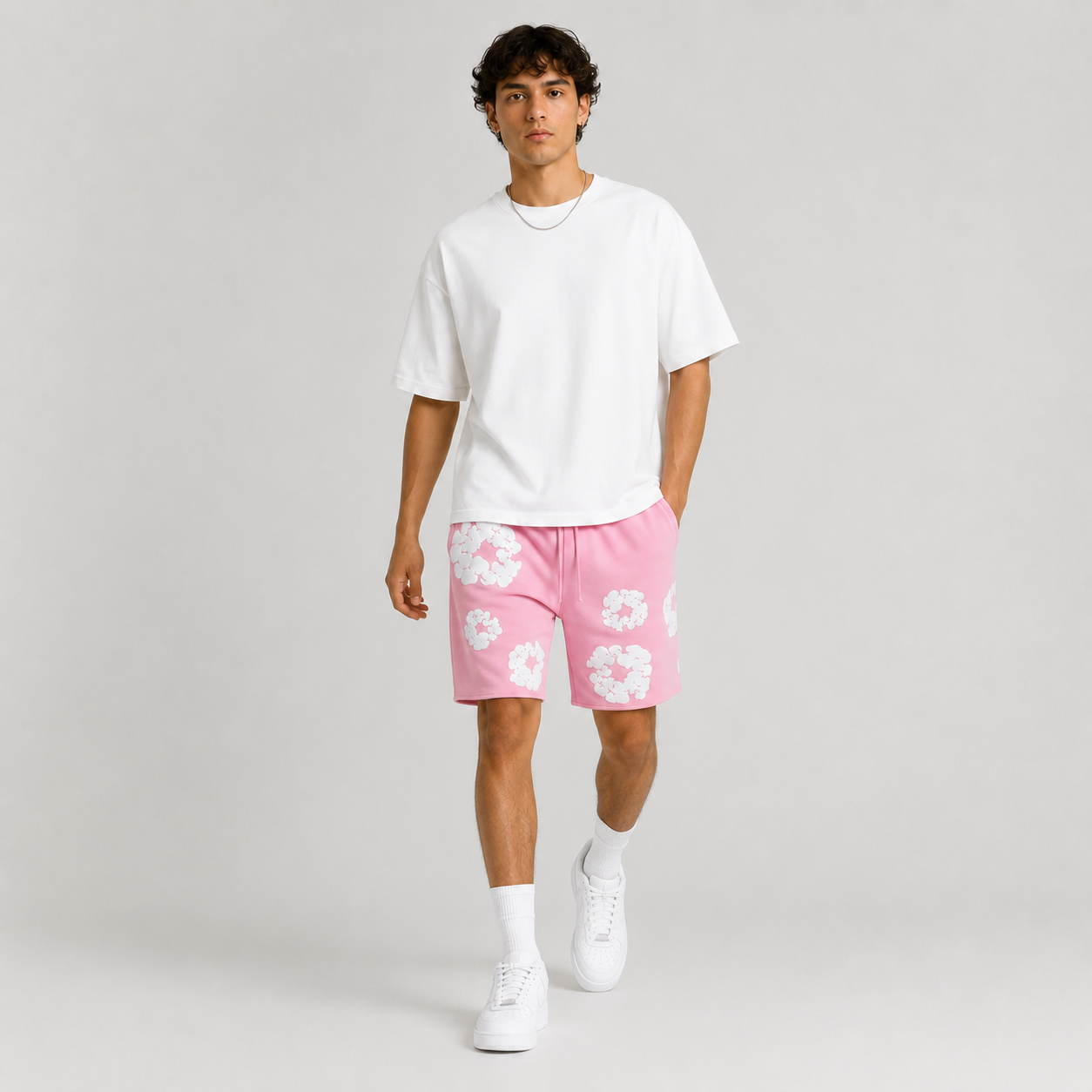 Pink White Puff Floral cotton shorts - lifestyle view