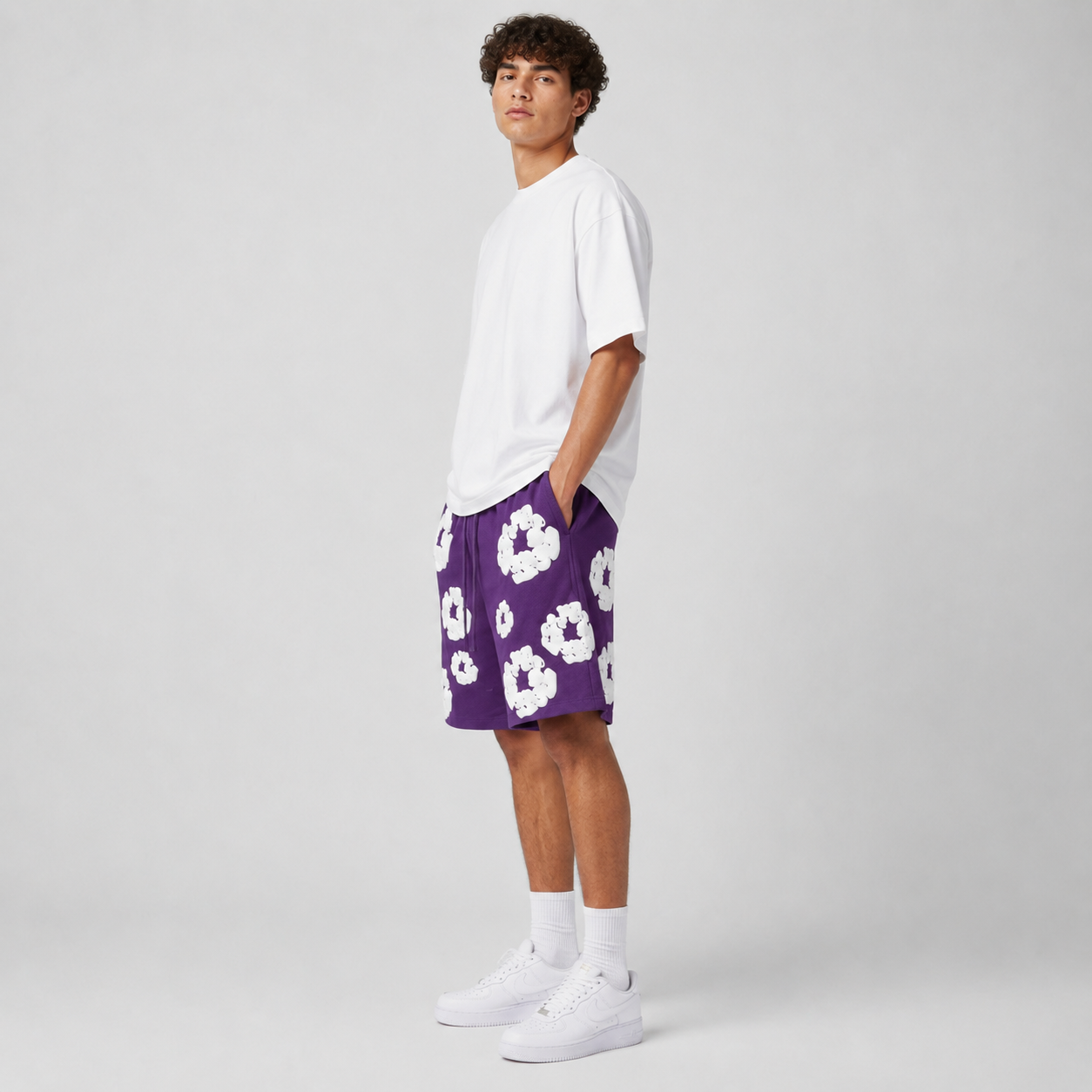 Purple White Floral cotton shorts - side view