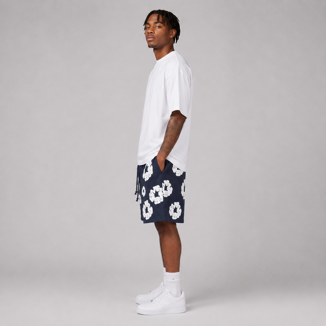 Navy White Puff Floral cotton shorts - lifestyle view