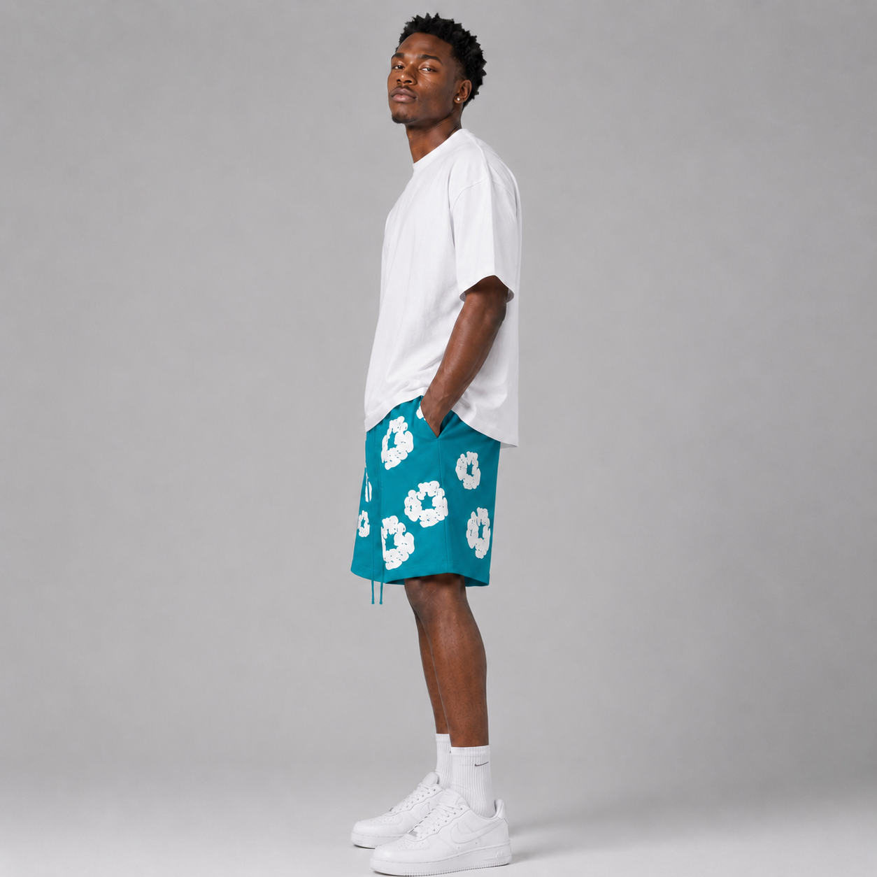 Teal White Puff Floral cotton shorts - side view