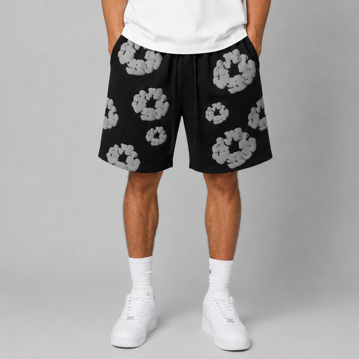 Black Grey Puff Floral cotton shorts - back angle view
