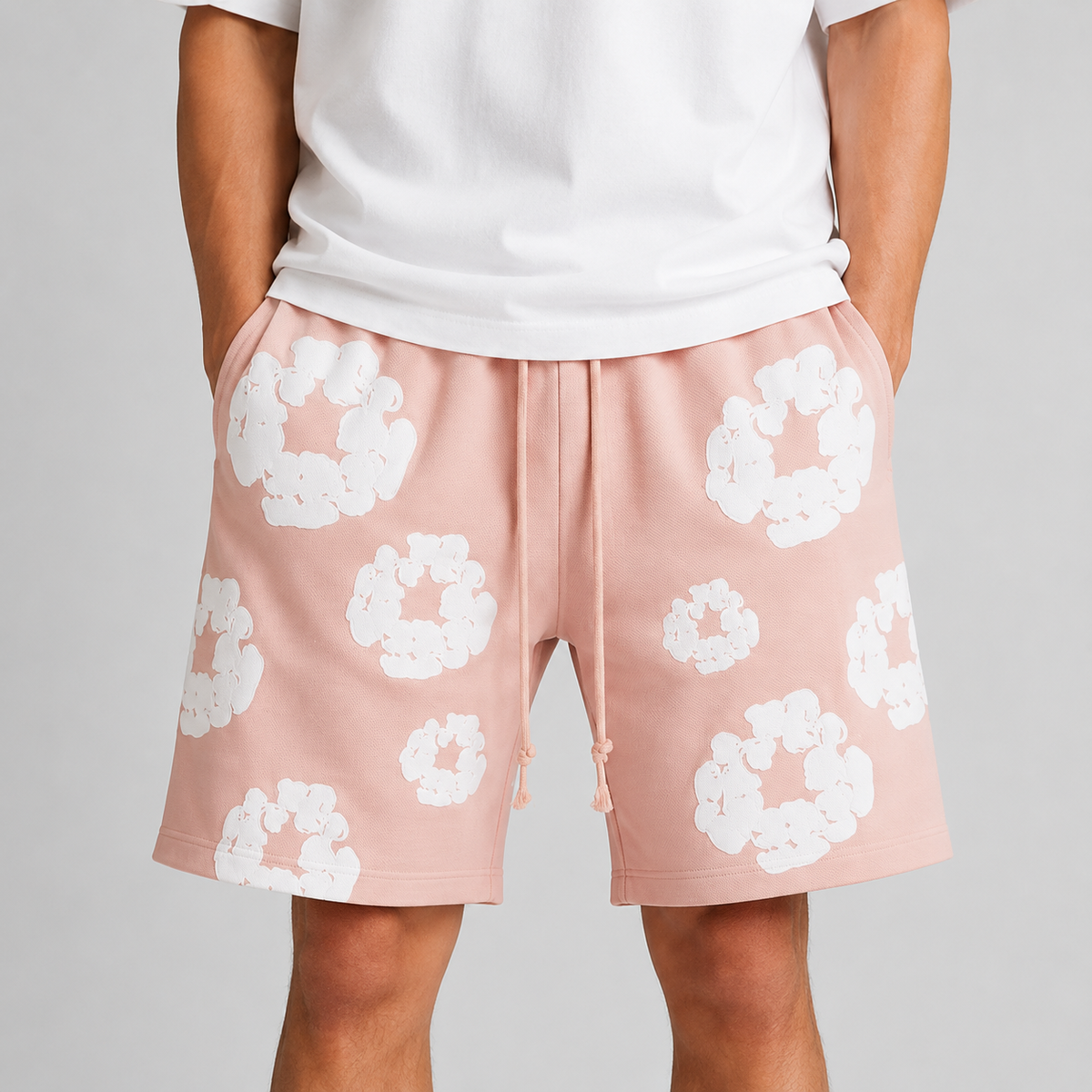 Peach Camo Black Floral cotton shorts - detail view