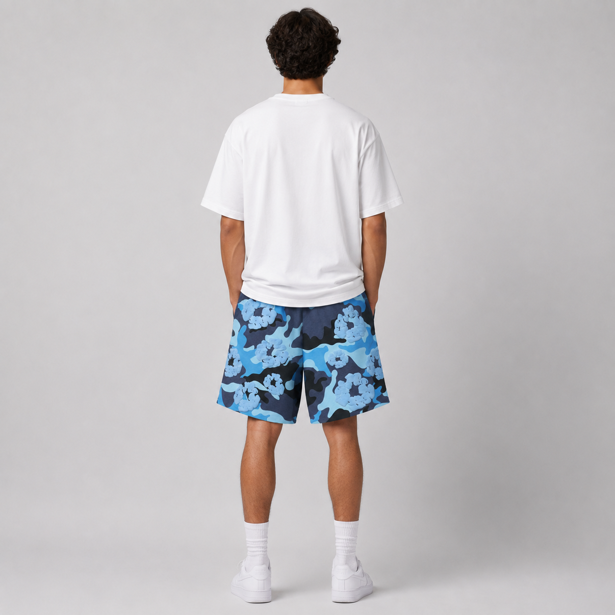 Blue Camo Black Floral cotton shorts - lifestyle view