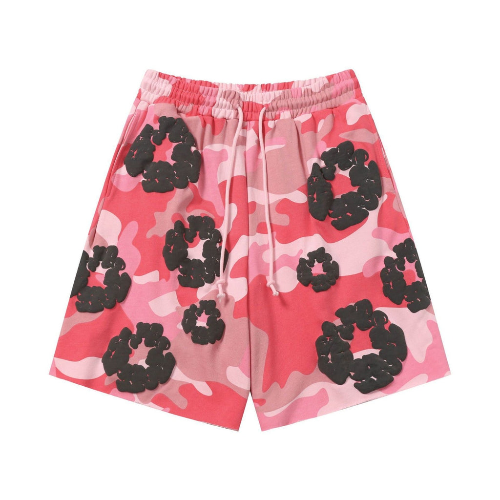 Pink Camo Black Floral cotton shorts - front product view