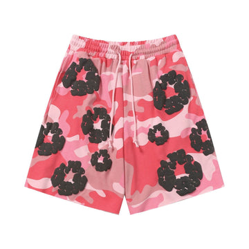 Pink Camo Black Floral cotton shorts - front product view