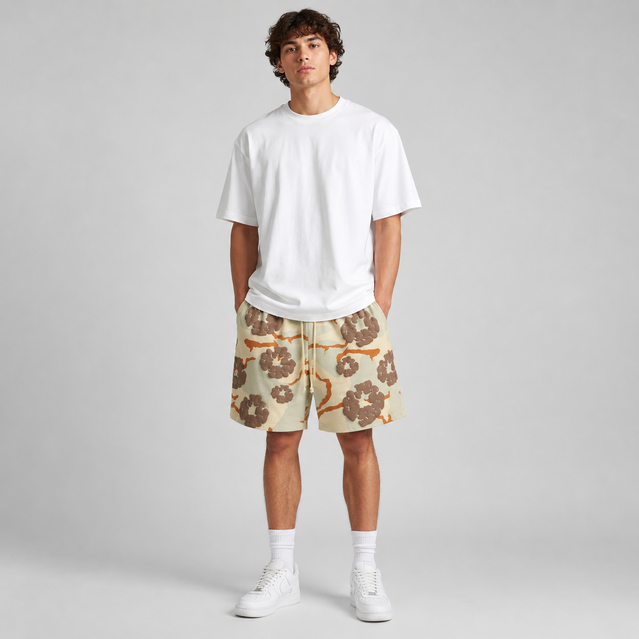 Tan Brown Camo Graphic cotton shorts - front angle view
