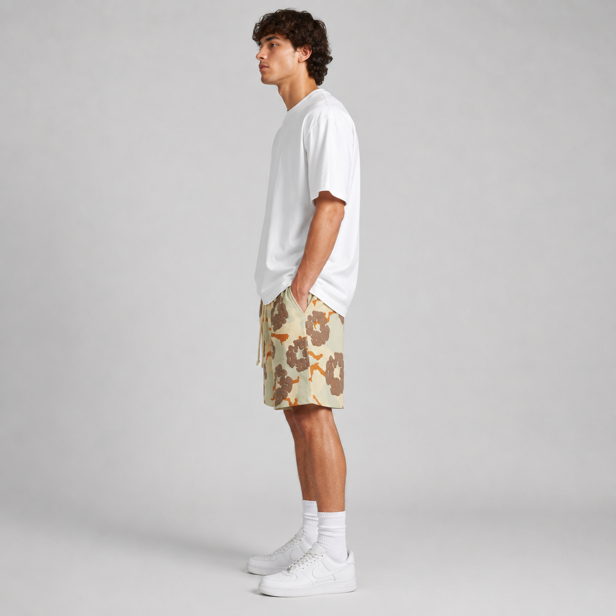 Tan Brown Camo Graphic cotton shorts - side view