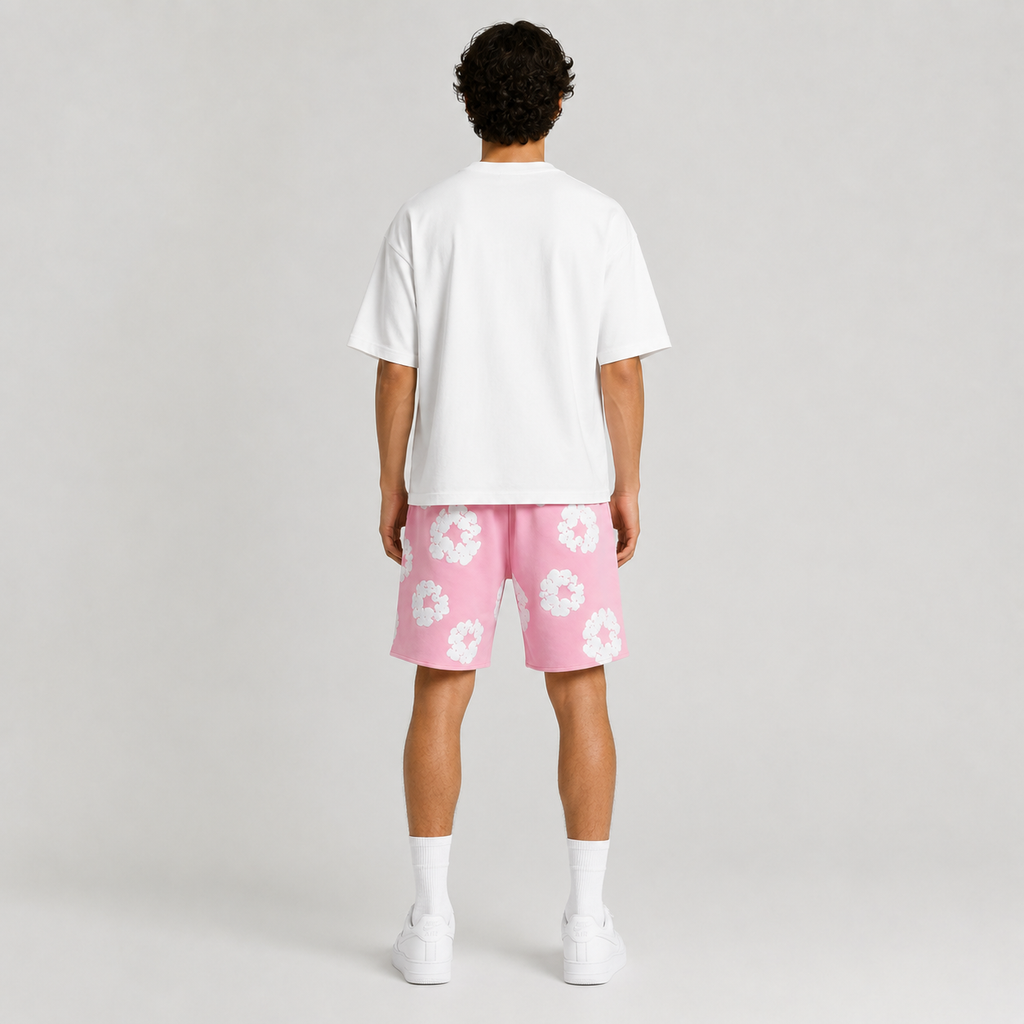 Pink White Puff Floral cotton shorts - side view