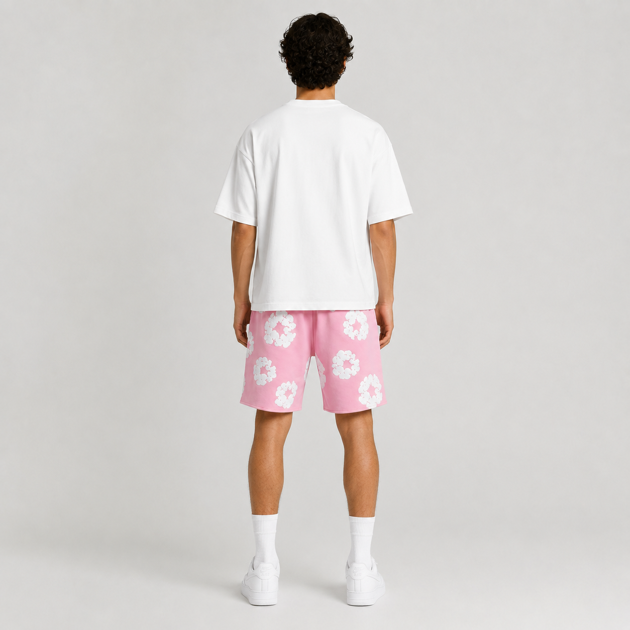 Pink White Puff Floral cotton shorts - side view