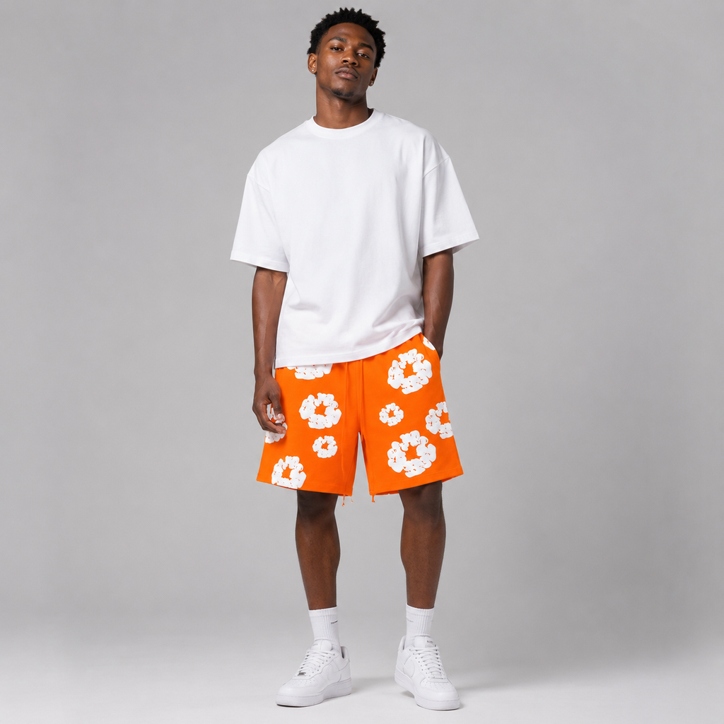 Orange White Puff Floral cotton shorts - front angle view