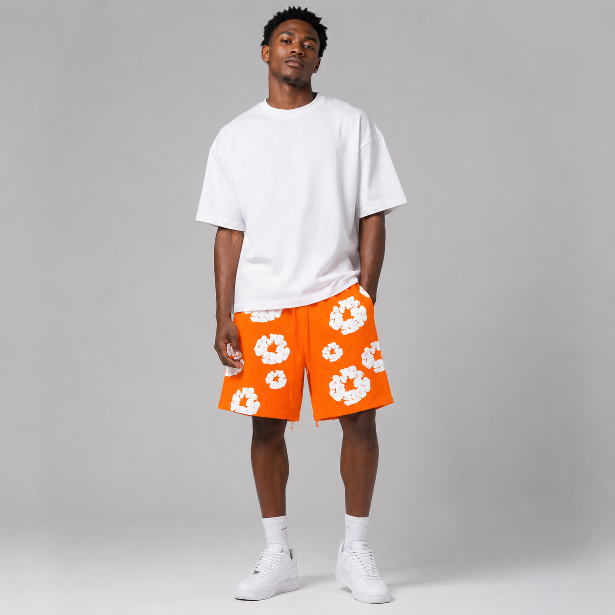 Orange White Puff Floral cotton shorts - front angle view