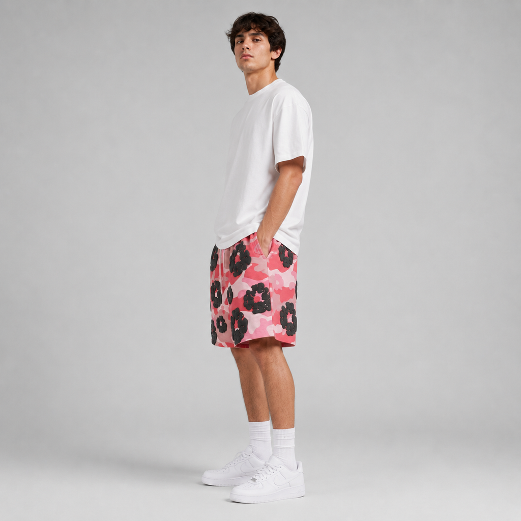 Pink Camo Black Floral cotton shorts - back angle view