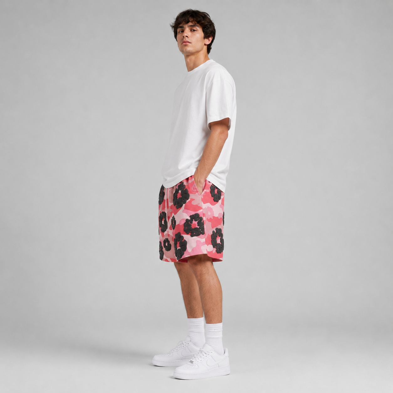 Pink Camo Black Floral cotton shorts - back angle view