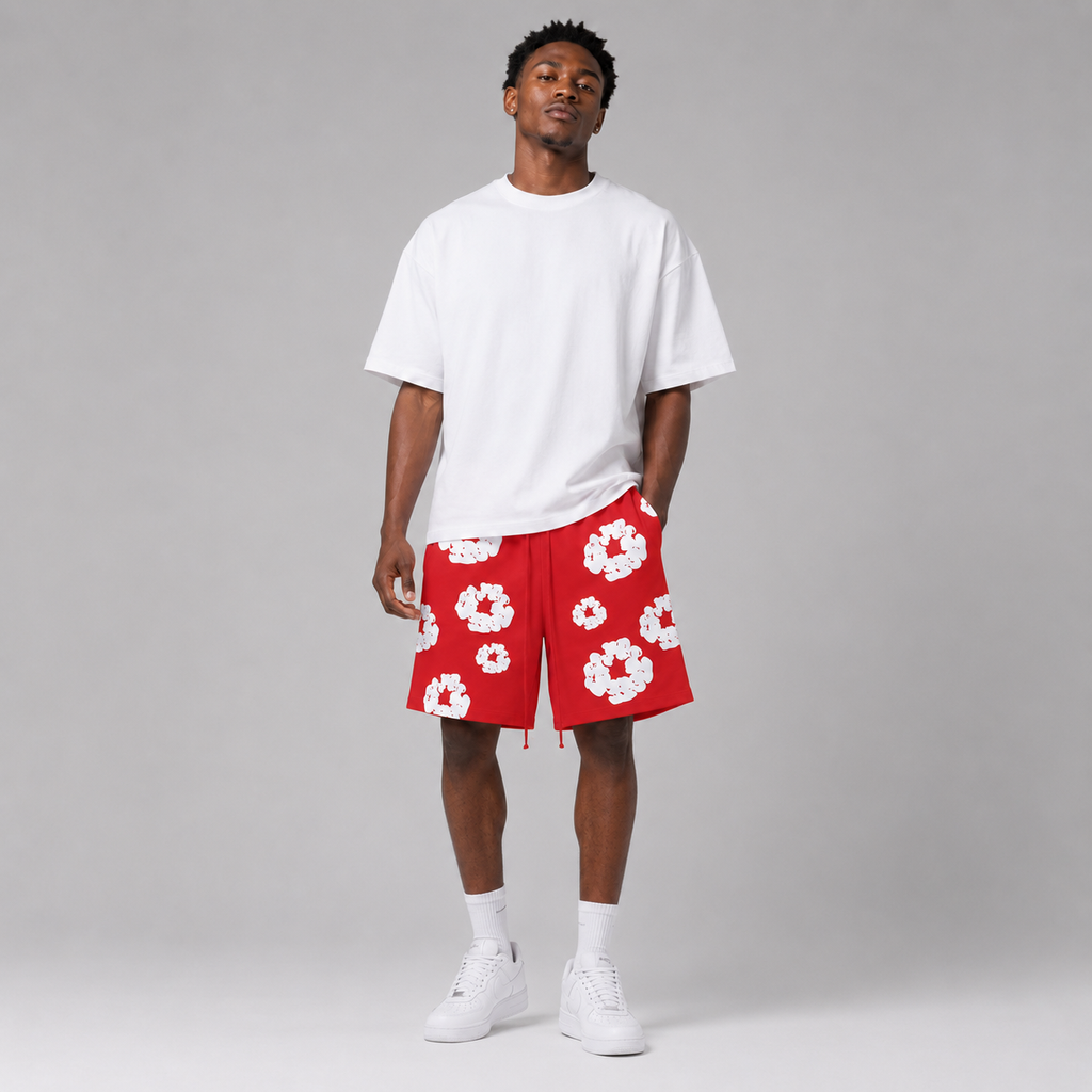 Red White Puff Floral cotton shorts - front angle view
