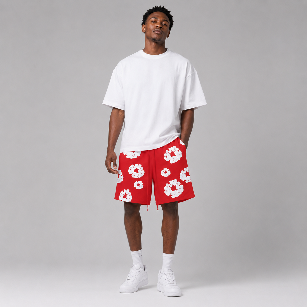 Red White Puff Floral cotton shorts - front angle view