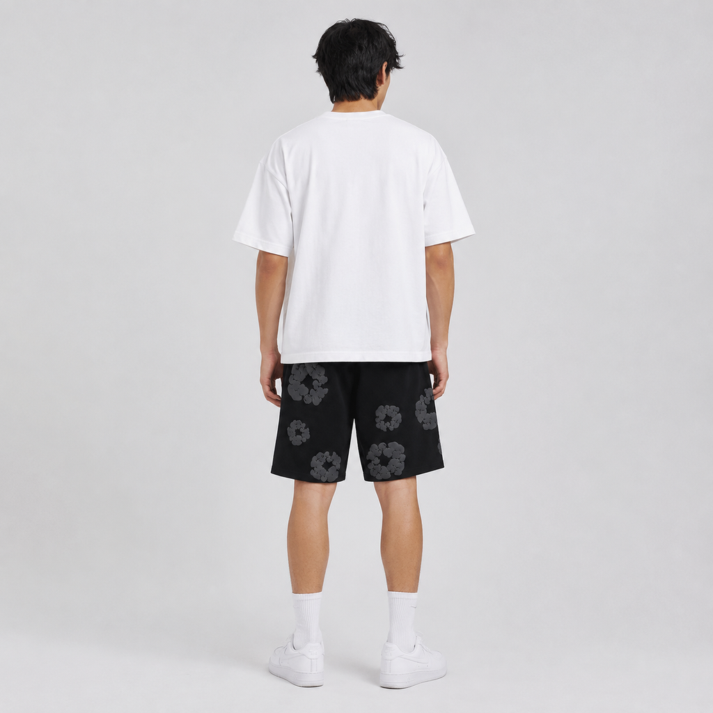 Black Grey Tonal Puff Floral cotton shorts - side view