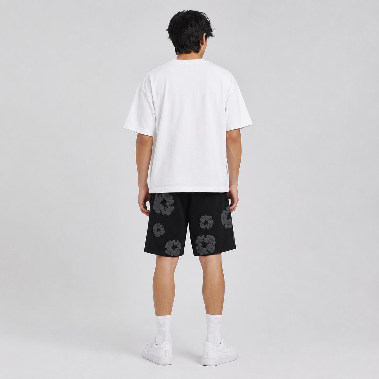 Black Grey Tonal Puff Floral cotton shorts - side view