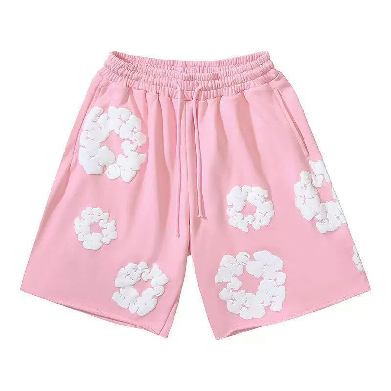 Pink White Puff Floral cotton shorts - front product view