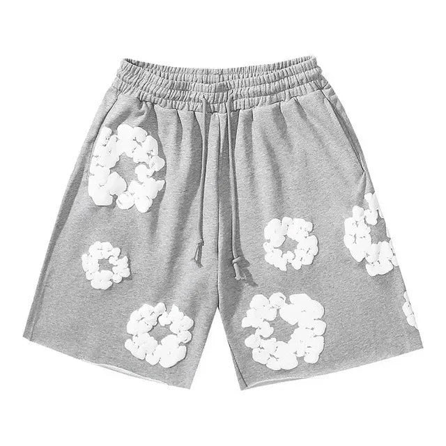Heather Grey White Puff Floral cotton shorts - front product view