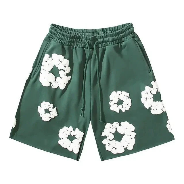 Forest Green White Floral cotton shorts - front product view