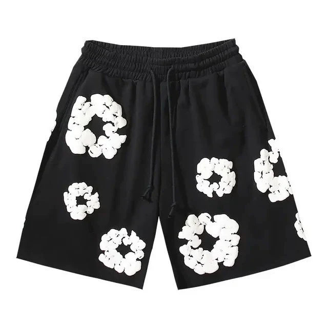 Black White Puff Floral cotton shorts - front product view