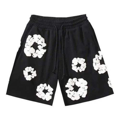 Black White Puff Floral cotton shorts - front product view
