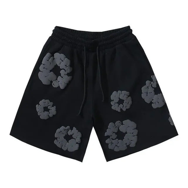 Black Grey Tonal Puff Floral cotton shorts - front product view