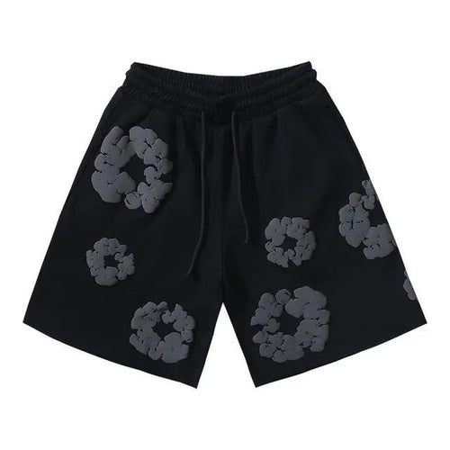 Black Grey Tonal Puff Floral cotton shorts - front product view