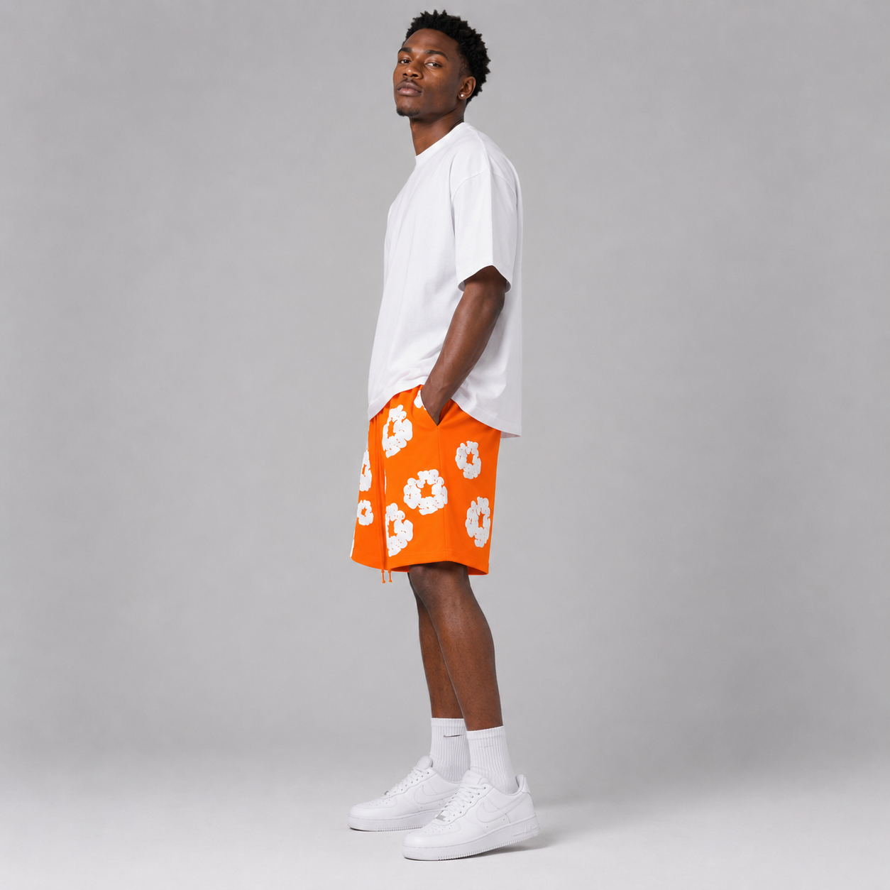 Orange White Puff Floral cotton shorts - side view