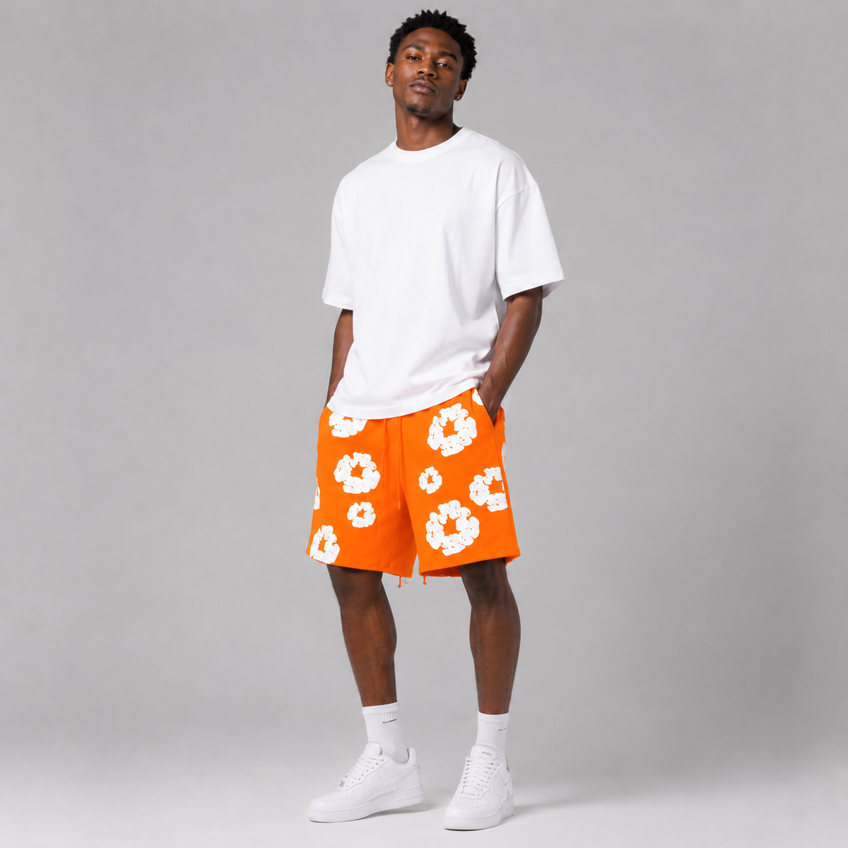 Orange White Puff Floral cotton shorts - detail view