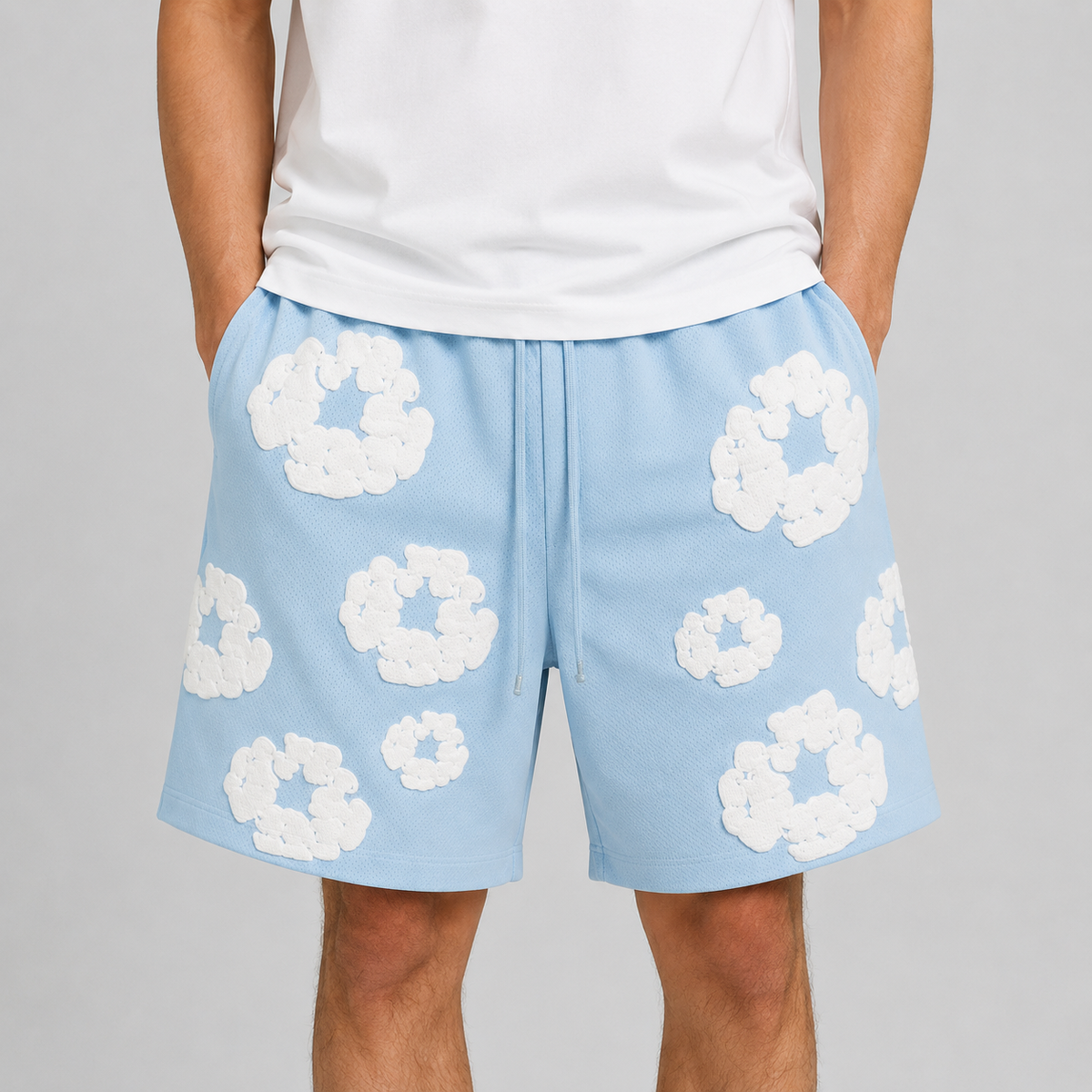 Royal Blue White Puff Floral cotton shorts - detail view