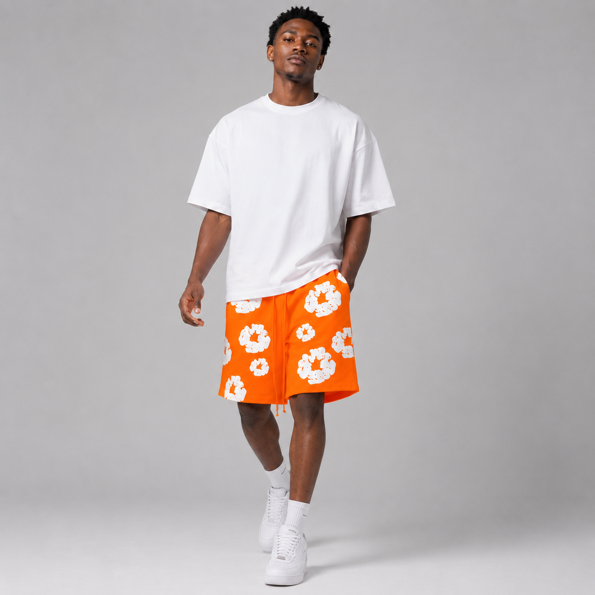 Orange White Puff Floral cotton shorts - detail view