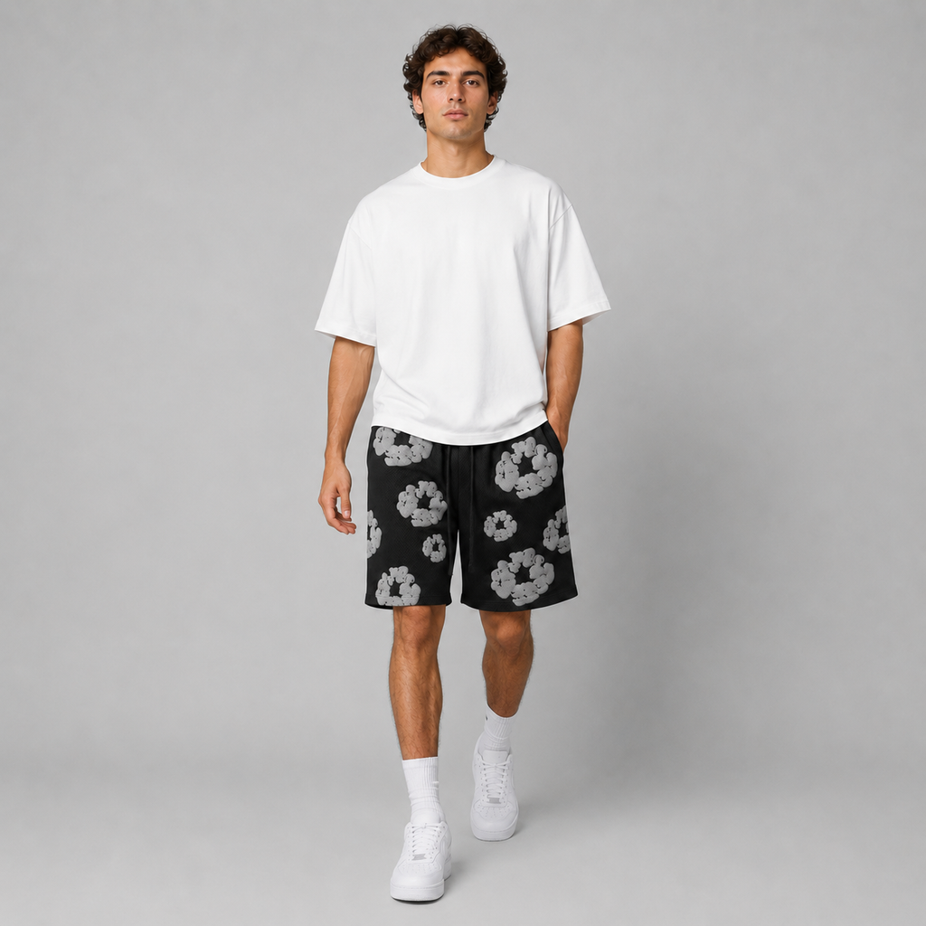 Black Grey Puff Floral cotton shorts - detail view