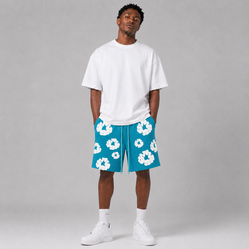 Teal White Puff Floral cotton shorts - detail view