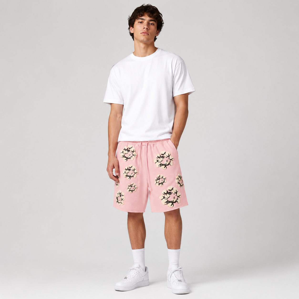 Pink Cream Floral cotton shorts - front angle view