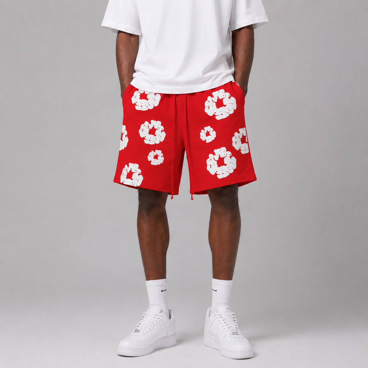 Red White Puff Floral cotton shorts - back angle view