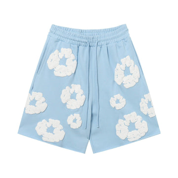 Royal Blue White Puff Floral cotton shorts - front product view
