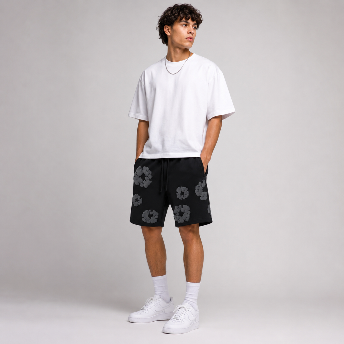 Black Grey Tonal Puff Floral cotton shorts - detail view