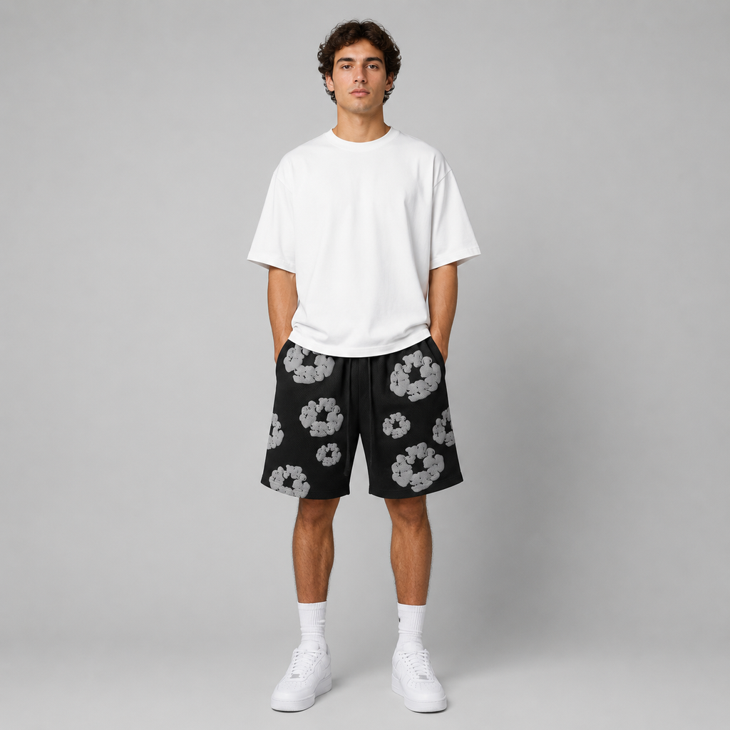 Black Grey Puff Floral cotton shorts - front angle view