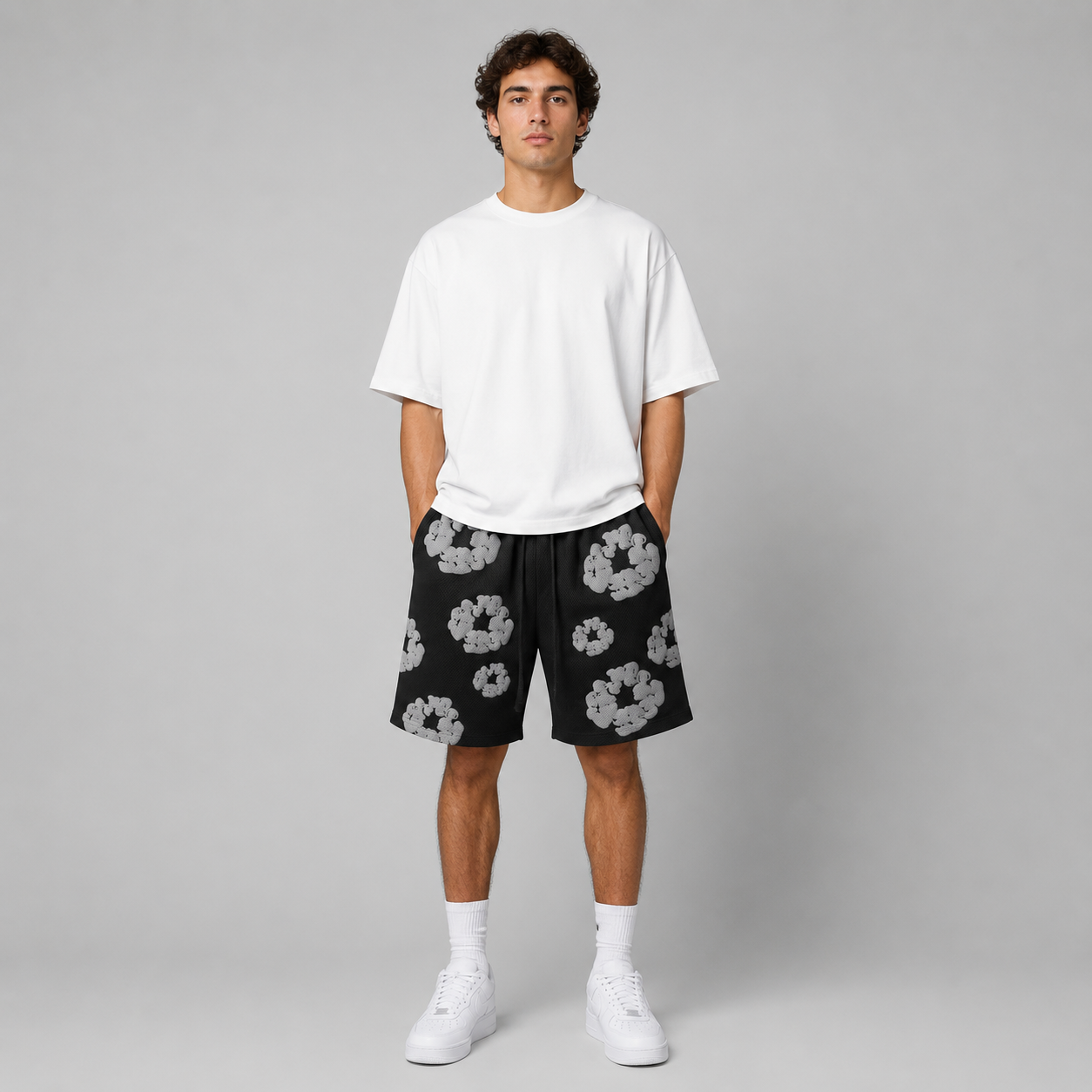 Black Grey Puff Floral cotton shorts - front angle view