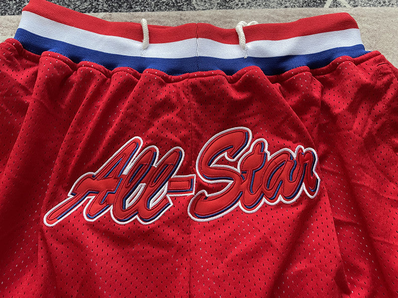 Red All-Star premium basketball shorts, graphic detail