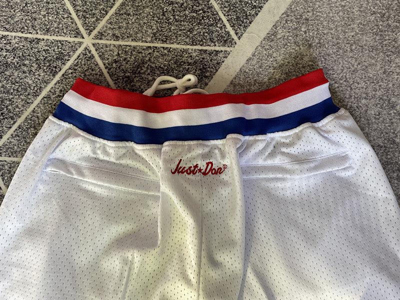 White All-Star premium basketball shorts, waistband and label detail